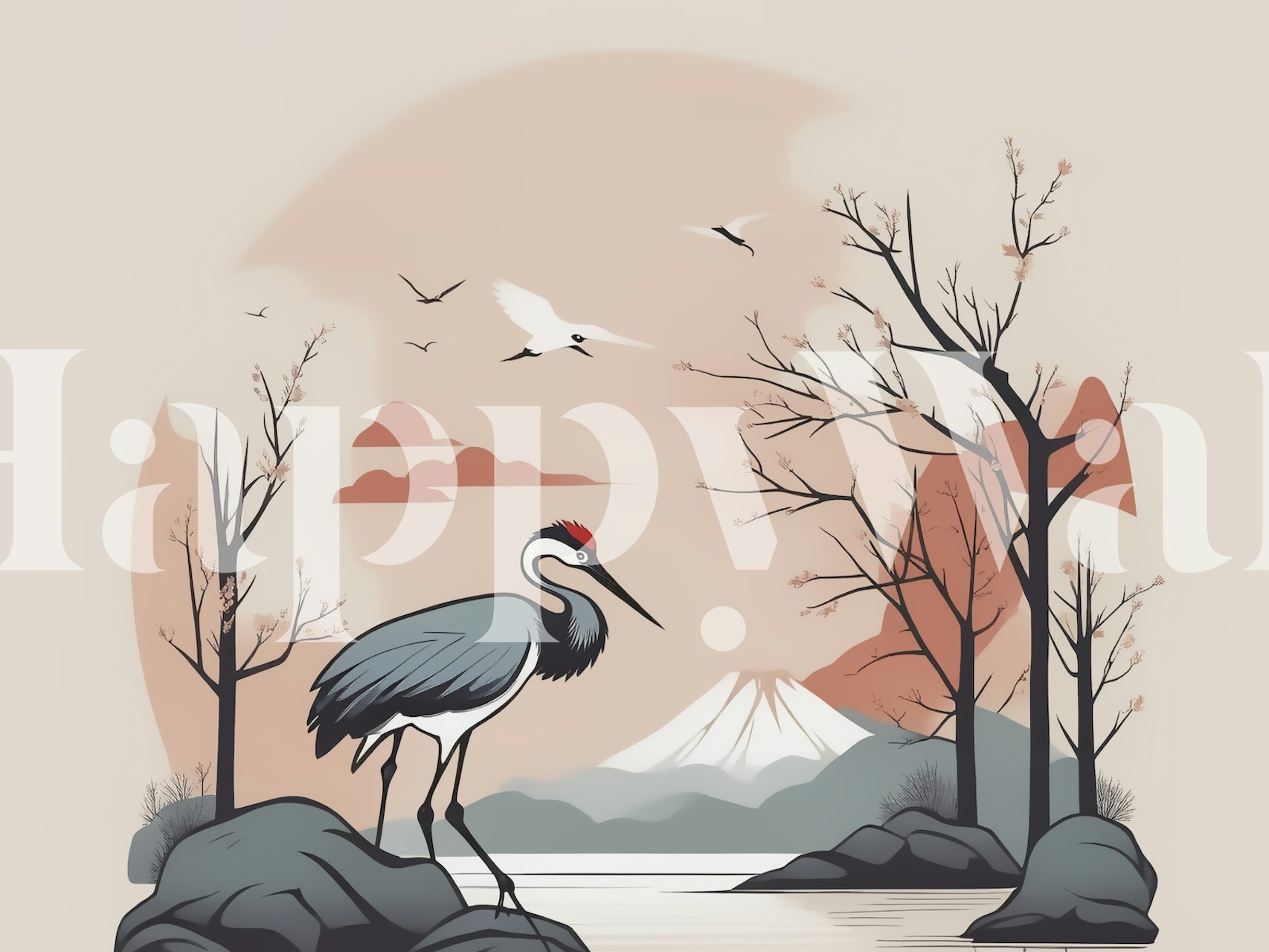 Elegancka tapeta Japanese Art Deco Cranes i sunrise