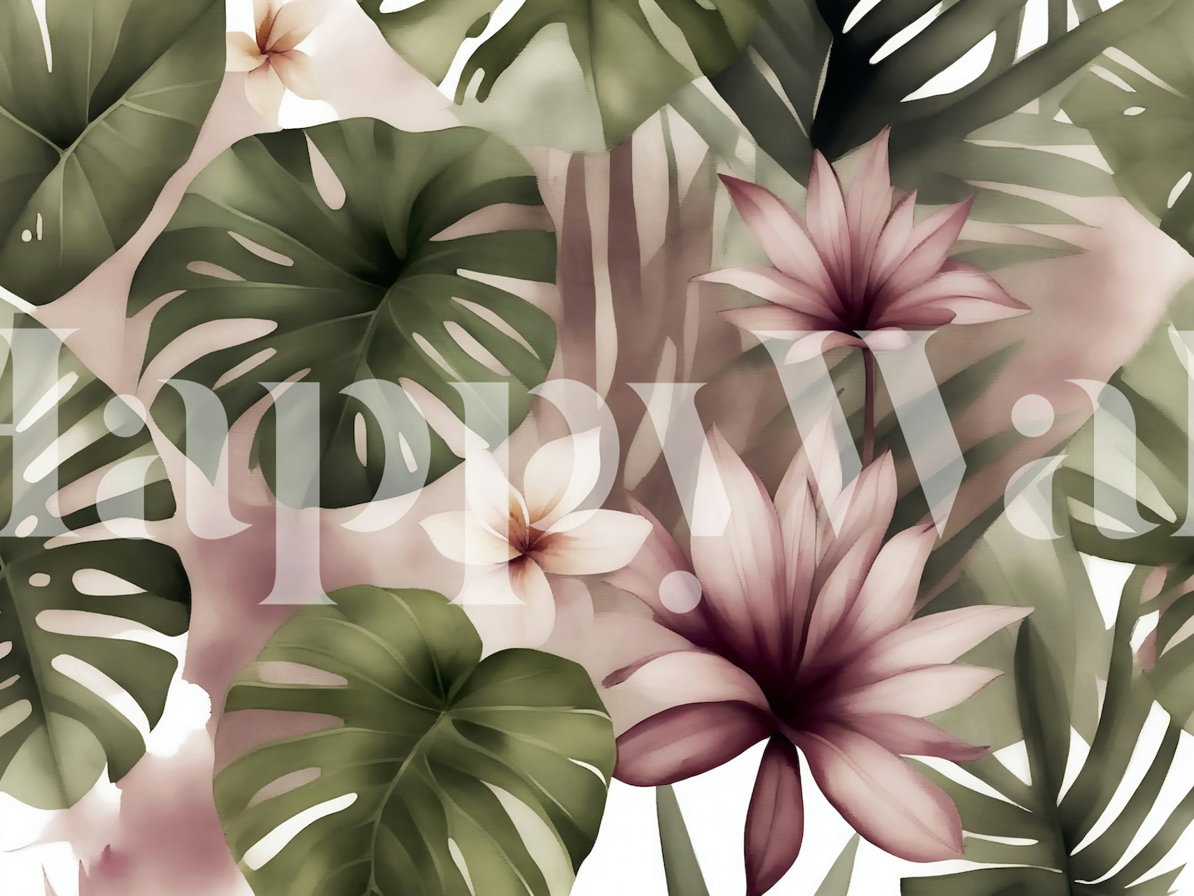 Tropical leaves and floral patterns in green and pink wallpaper