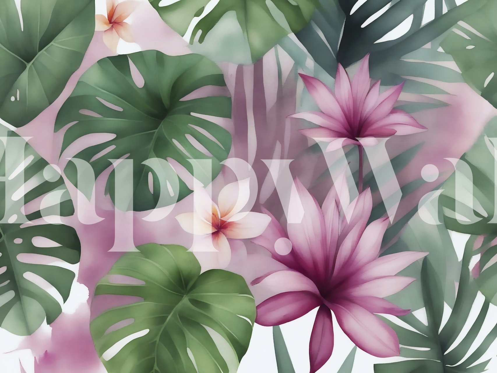Tropical plants with pink flowers and green leaves wallpaper