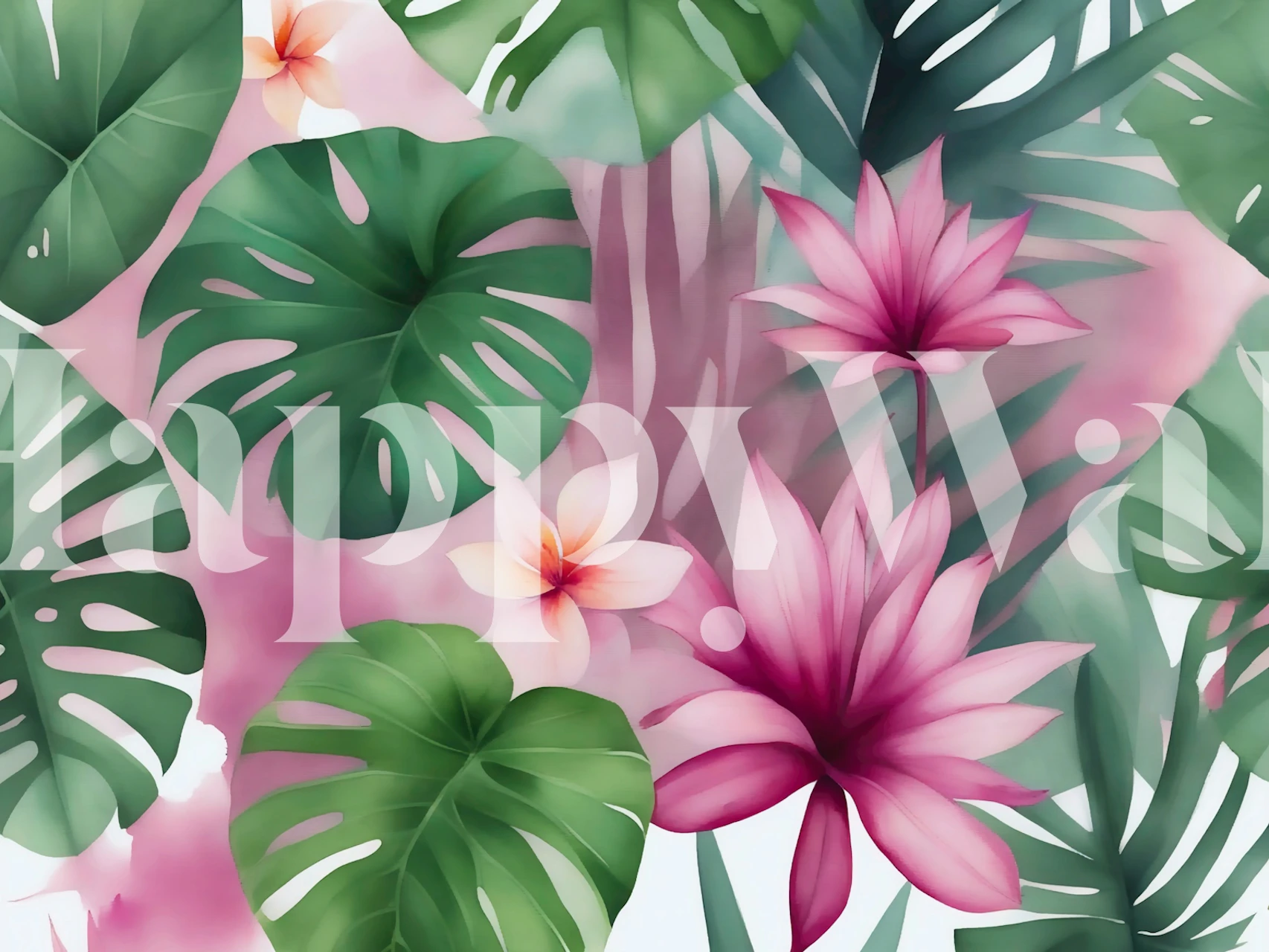 Tropical plants with pink flowers and green leaves wallpaper