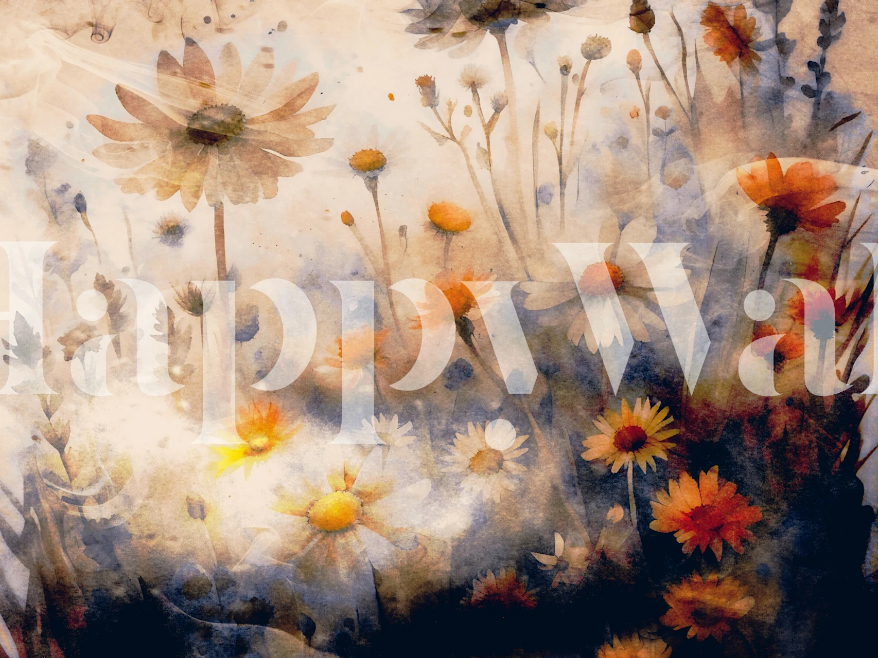 Moody floral wallpaper with orange and yellow flowers in soft watercolor style