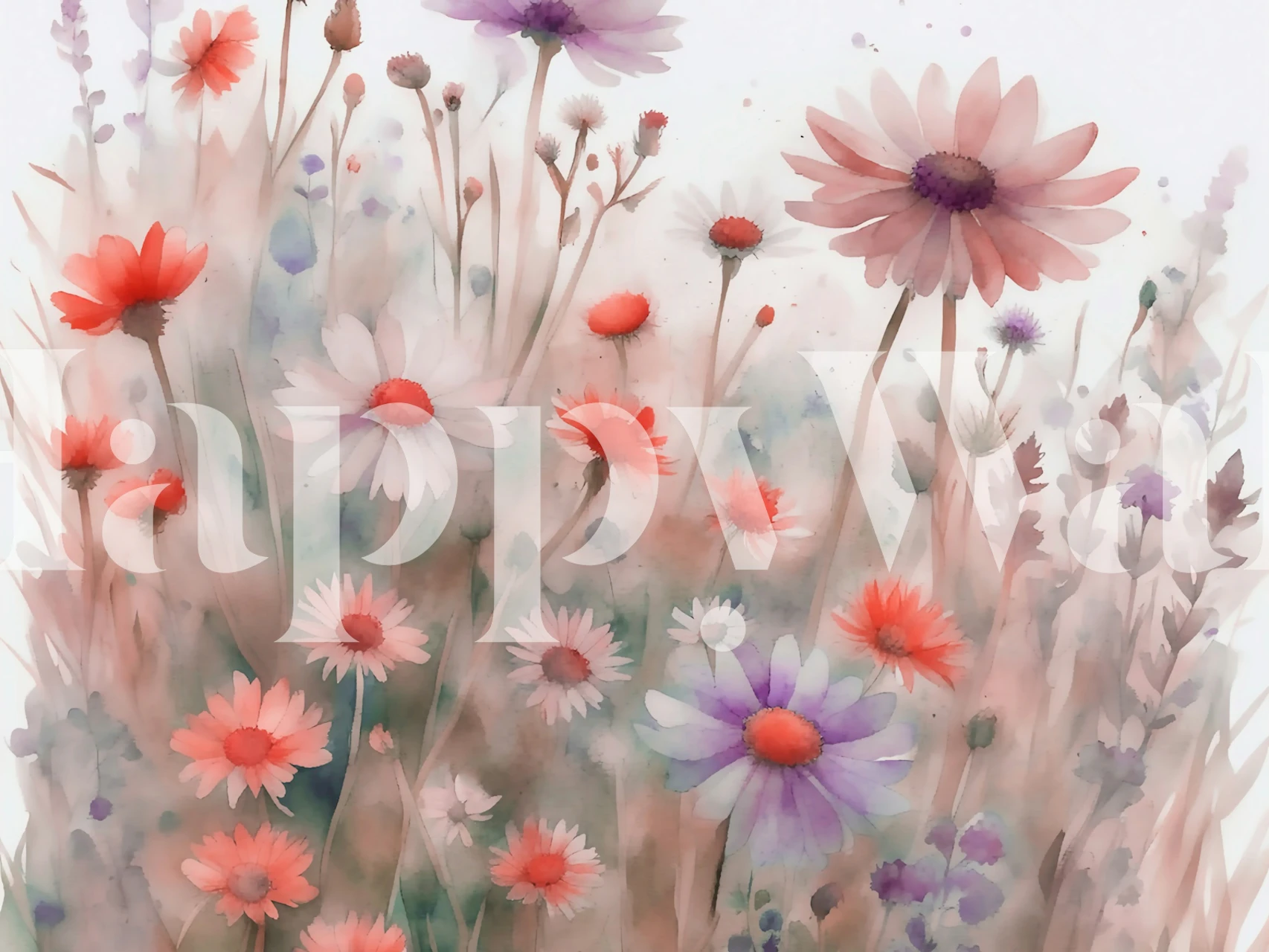 Papier peint floral aux tons doux avec des teintes blush, lavande et vertes