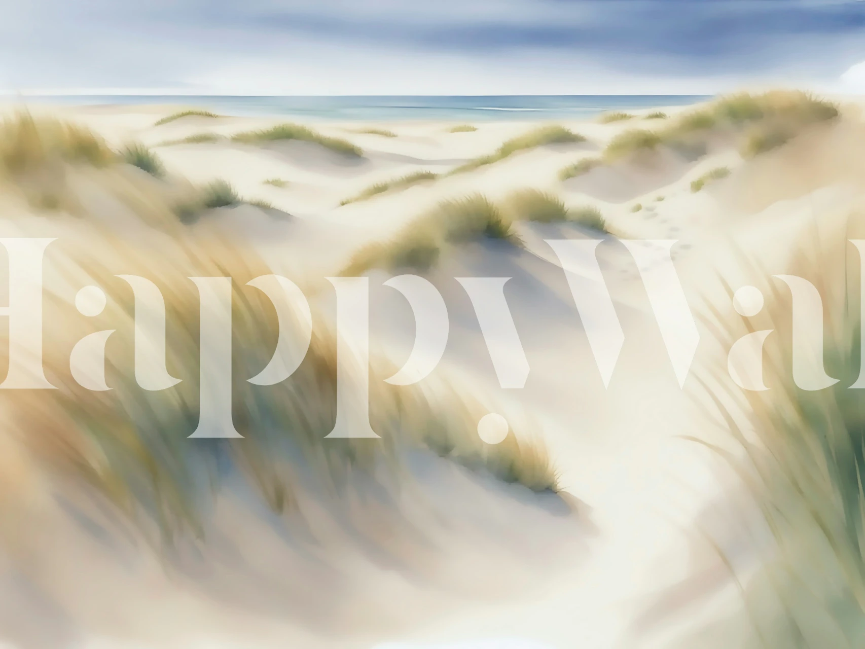 Soft beige grass and blue ocean landscape wallpaper