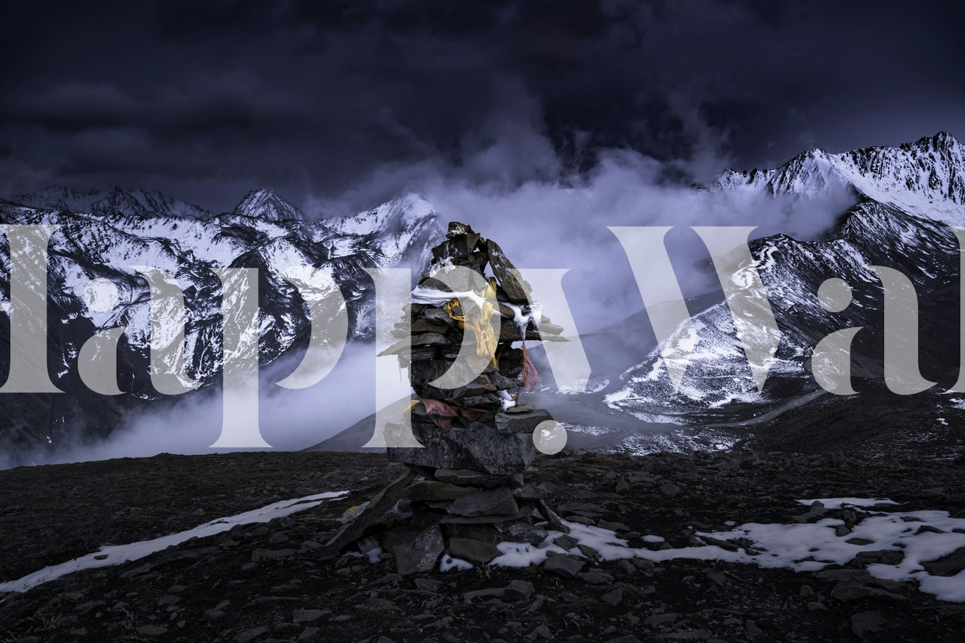 Mystical mountain landscape wall mural with dusk sky and rocky foreground