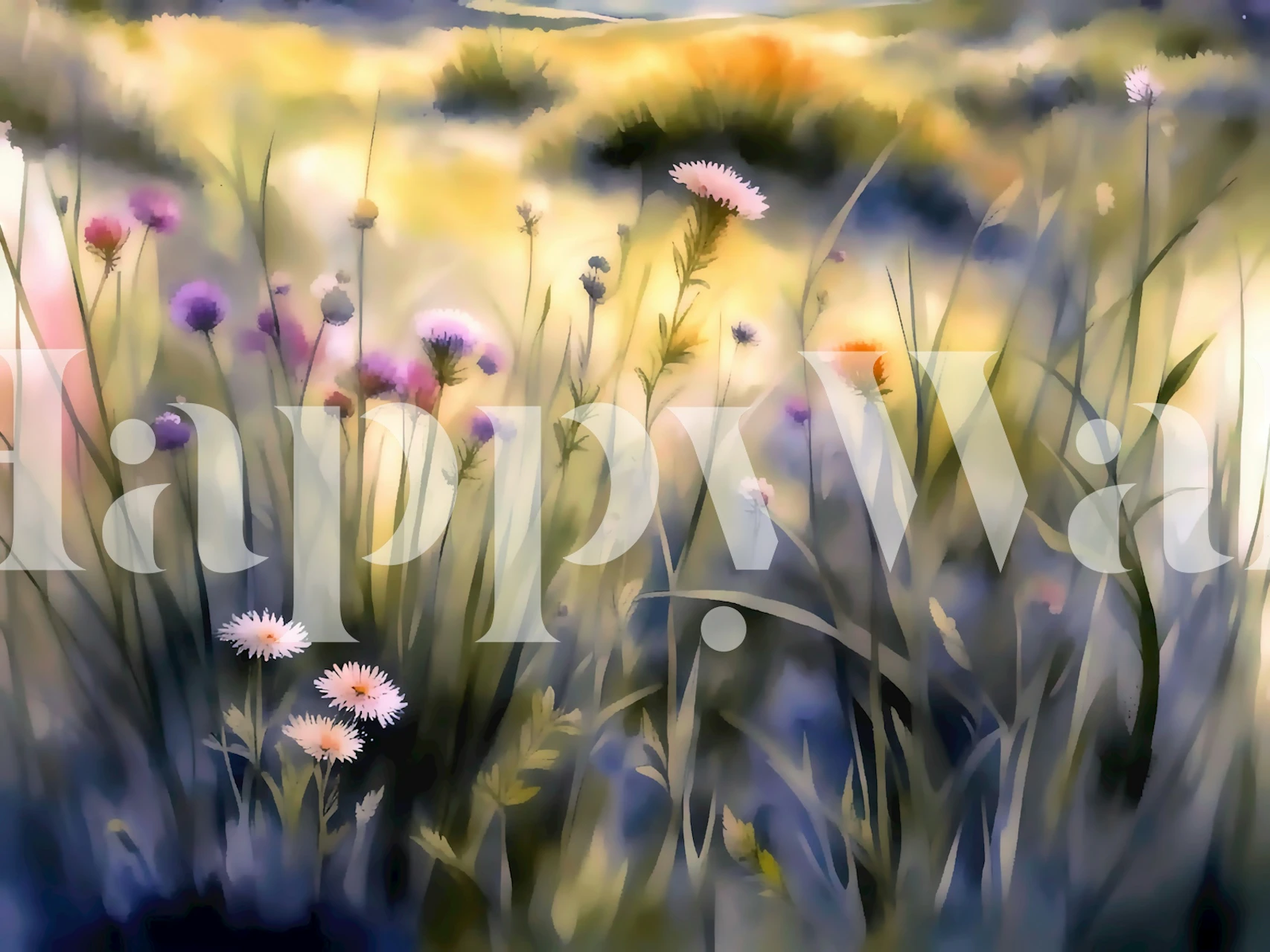 Whimsical wildflowers and grasses wall mural in purple and yellow tones