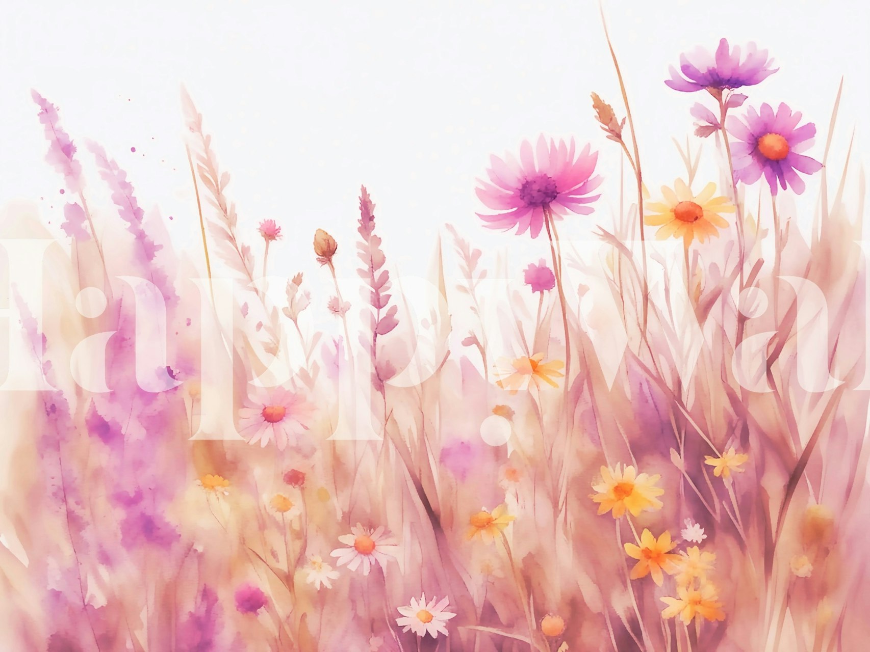 Floral watercolor mural with purple and yellow flowers wallpaper