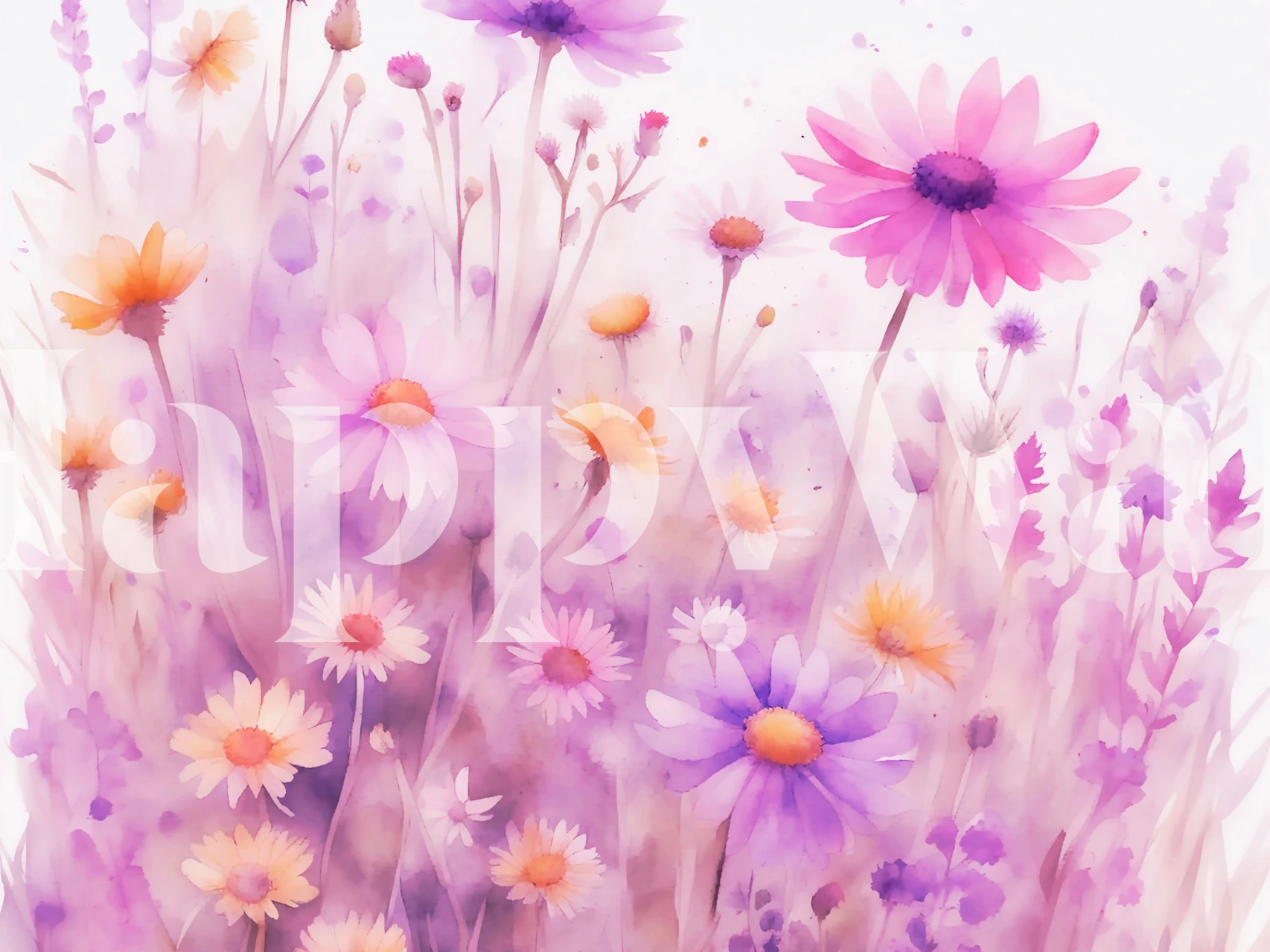 Soft pastel watercolor floral wall mural with purple and pink tones