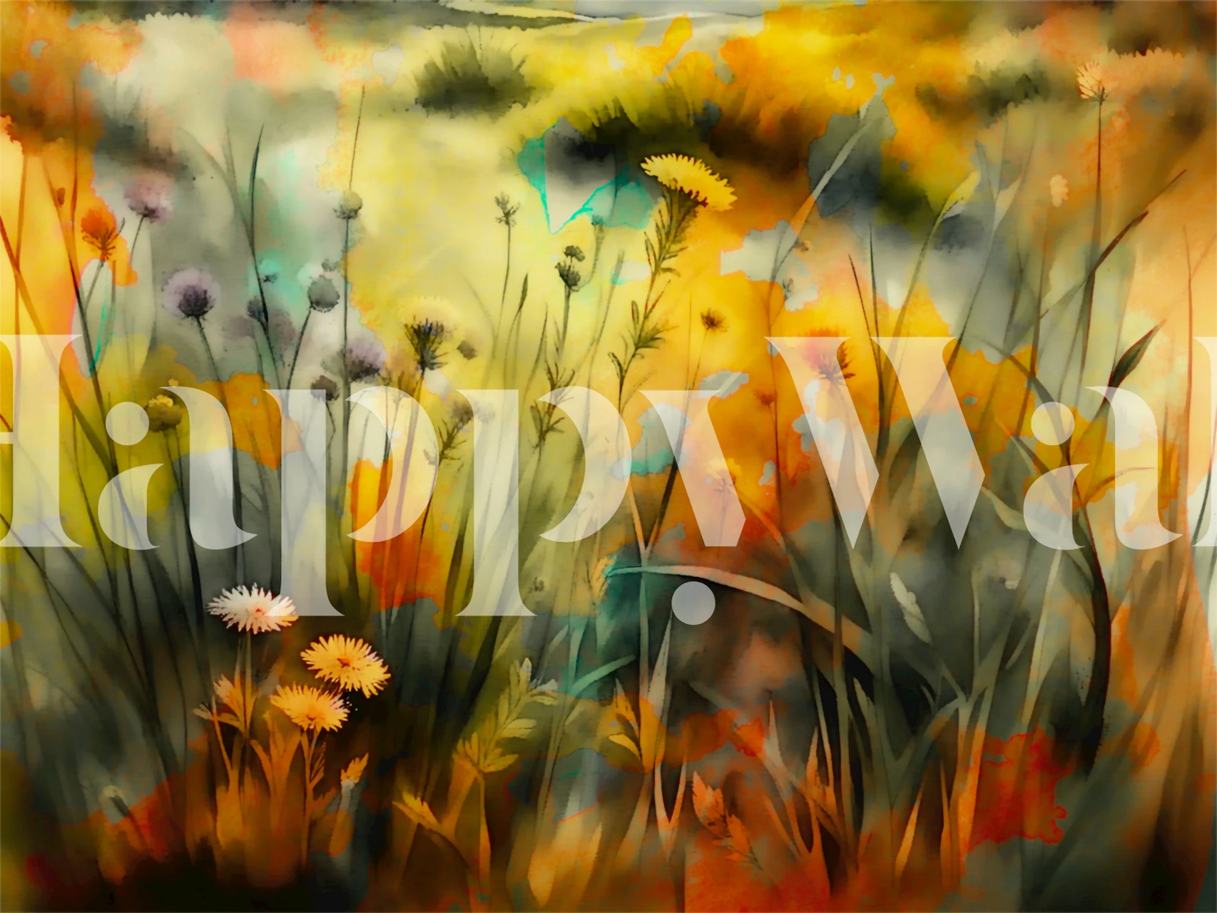 Floral abstract watercolor depicting yellow, green, and purple flowers wallpaper