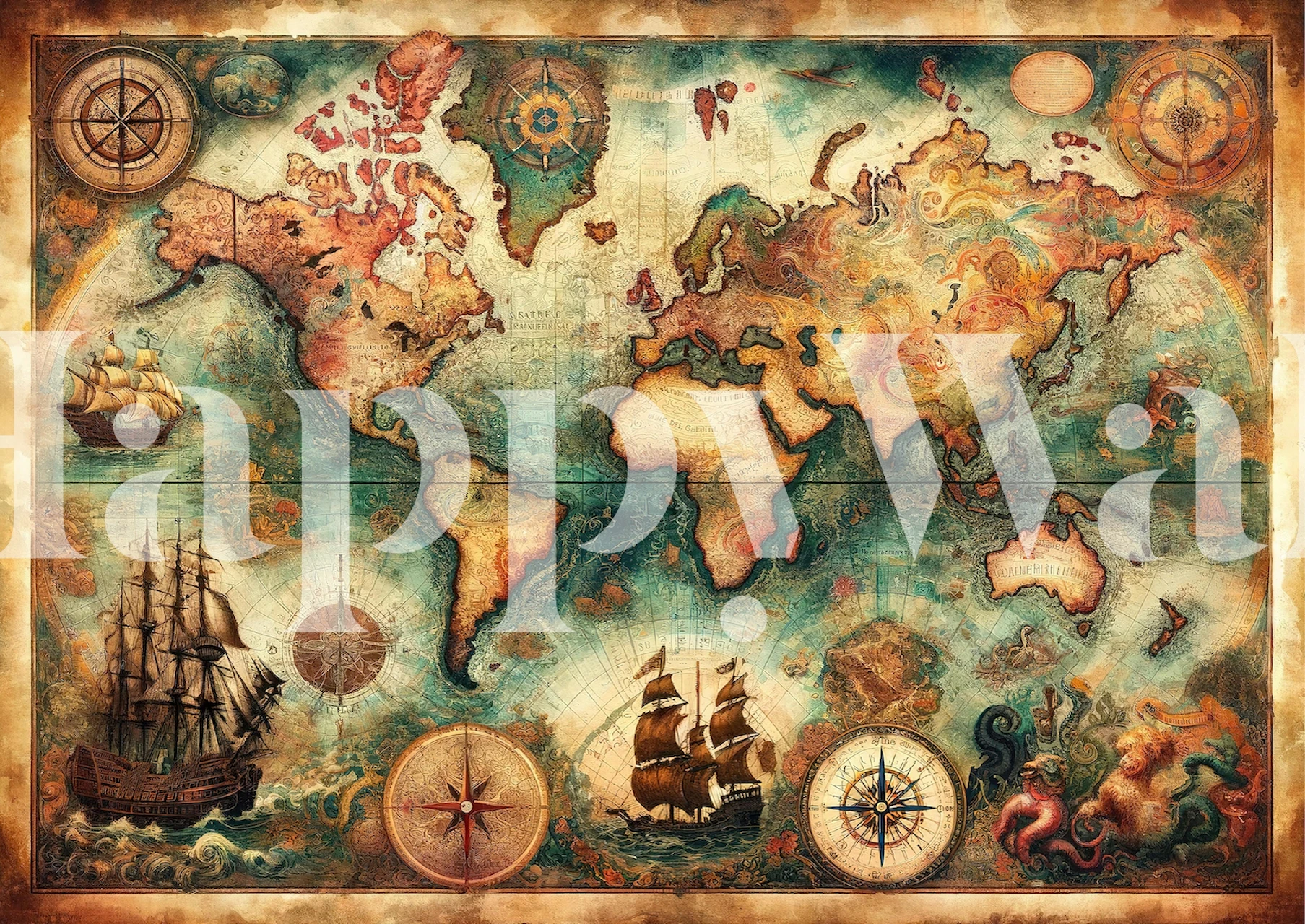 Vintage historical world map with ships and compass designs wallpaper