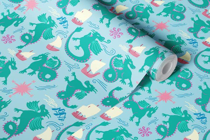 Dragons green/ bluewallpaper roll