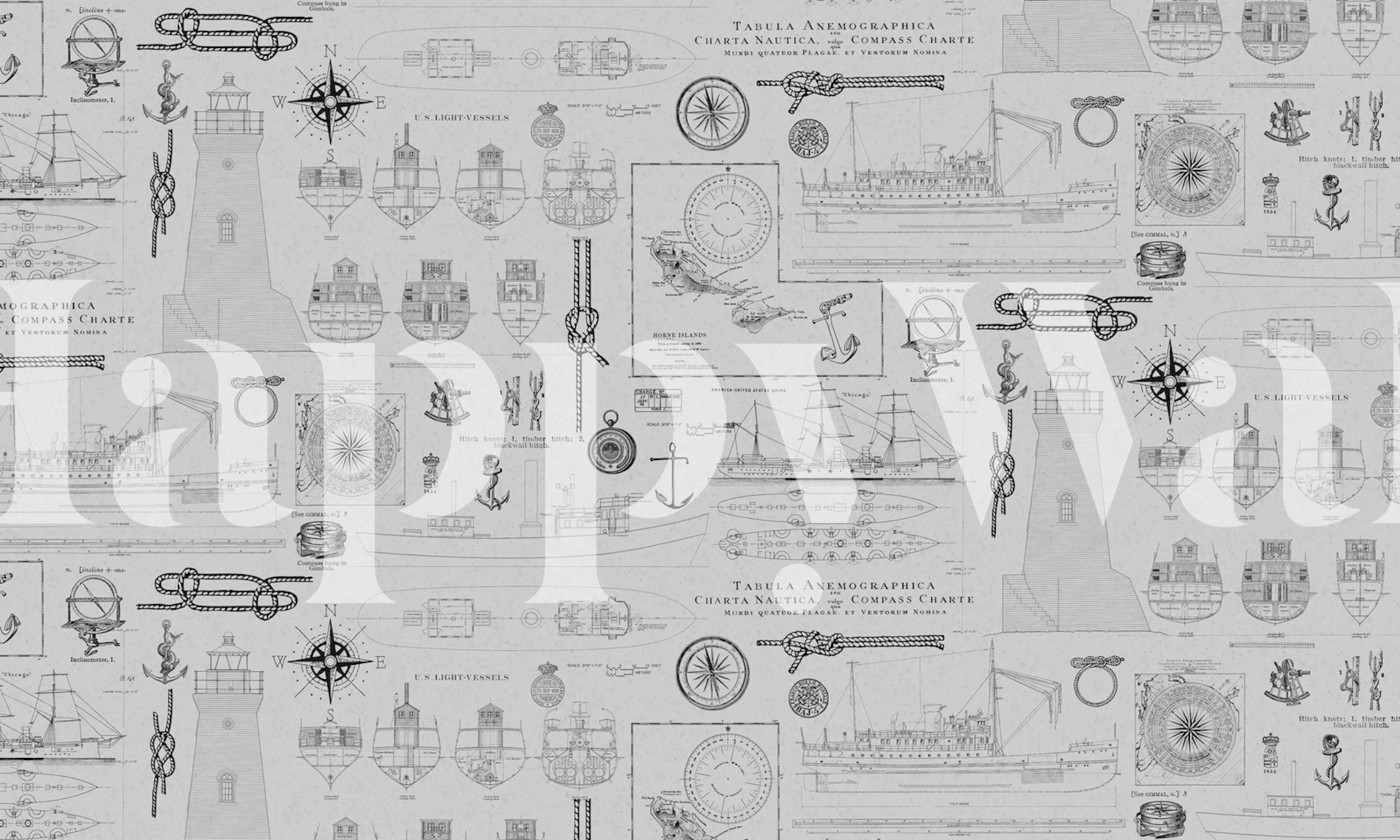 Nautical-themed graphics in grey, vintage style wallpaper