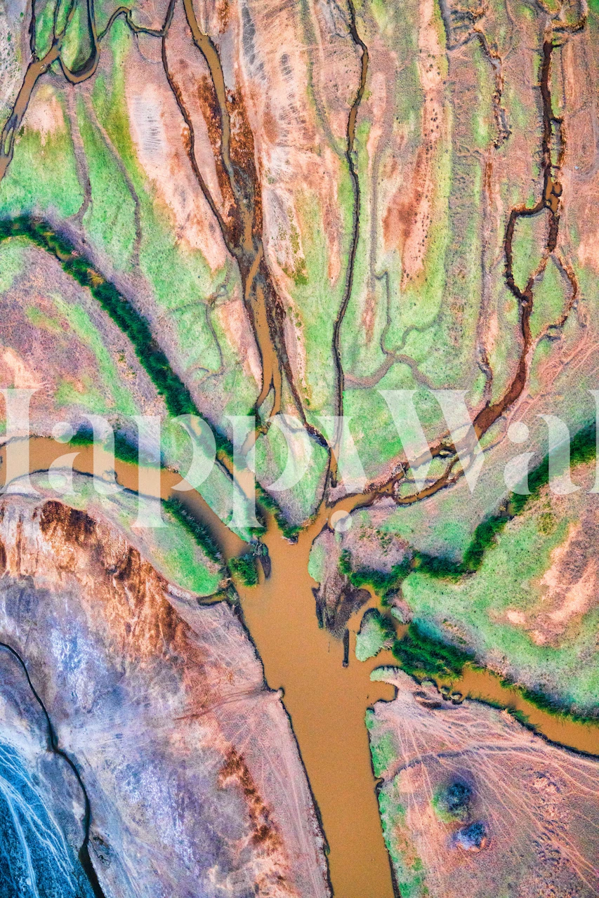 Colorful abstract patterns resembling a natural landscape with greens, browns, and blues wallpaper