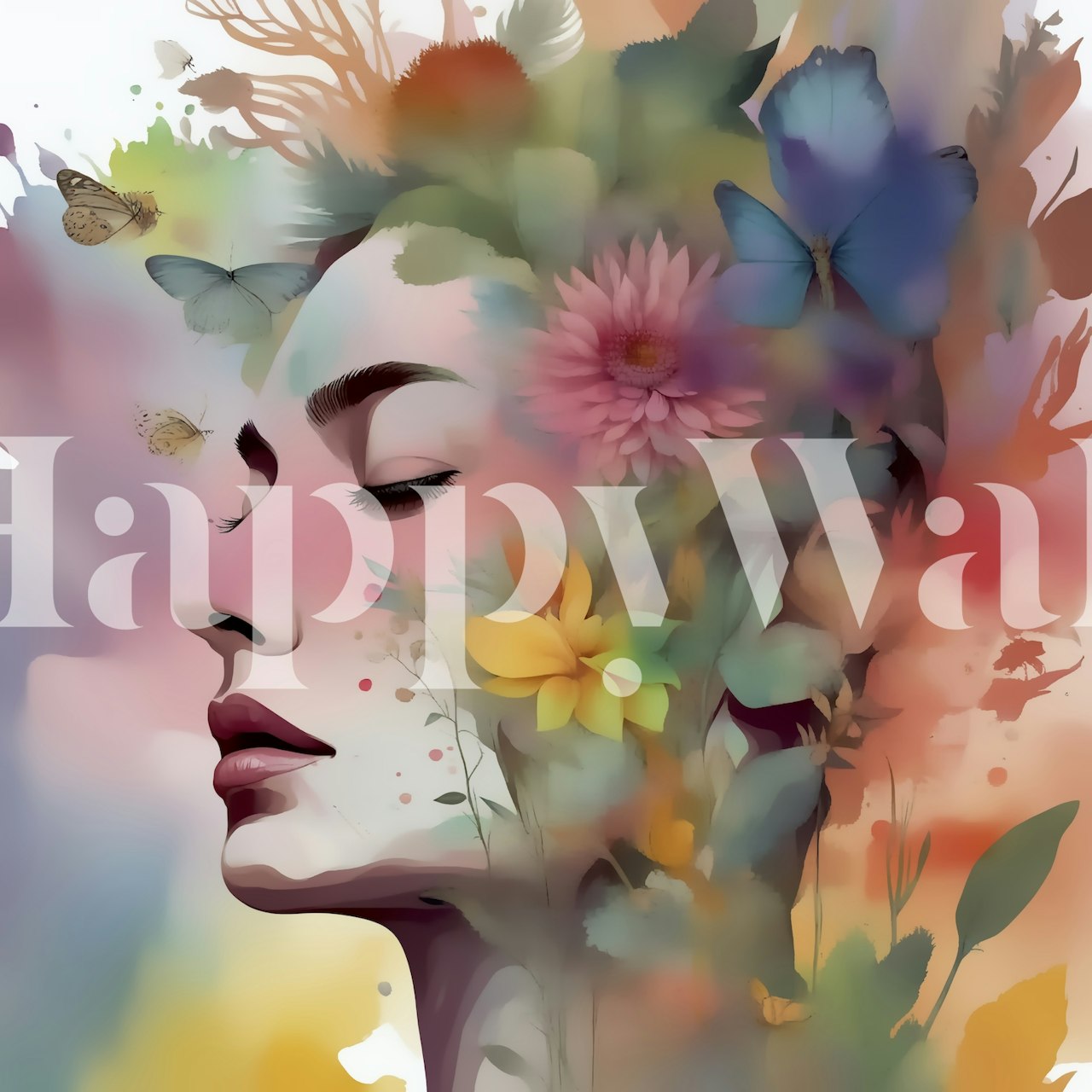 Boho style wall mural with female silhouette and watercolor flowers