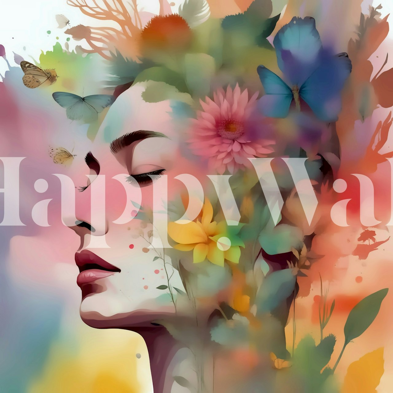 Fototapete im Boho-Stil mit weiblicher Silhouette und Aquarellblumen