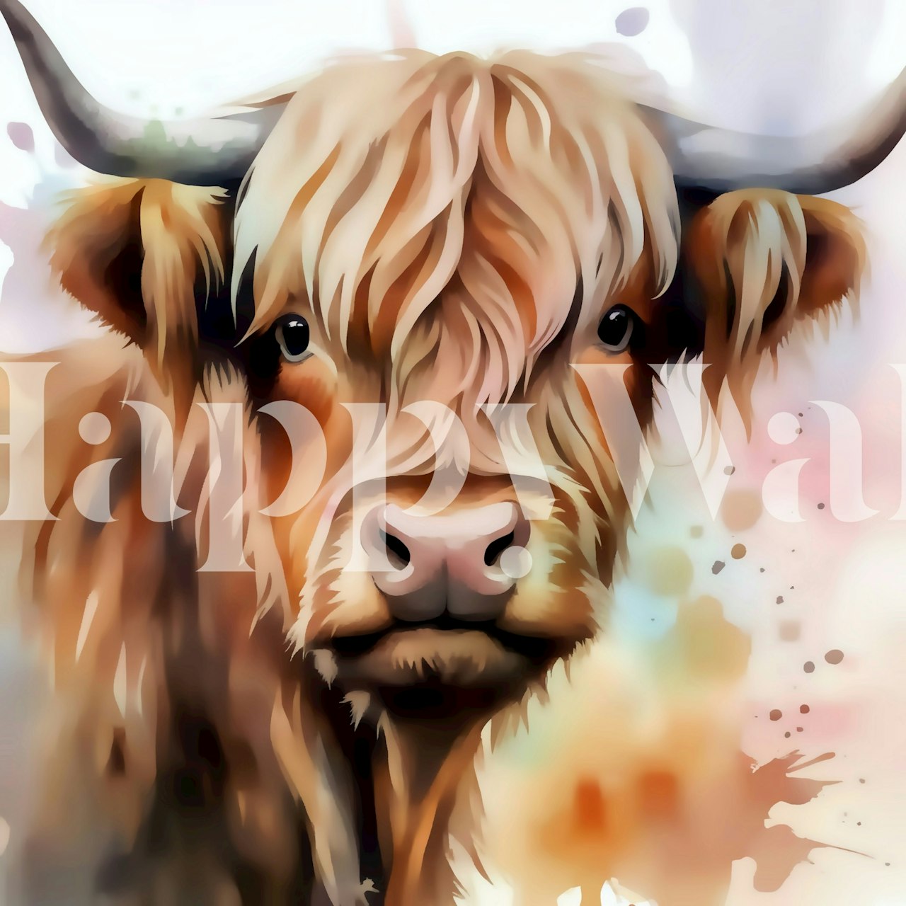 Highland Cow with long hair in warm tones wallpaper