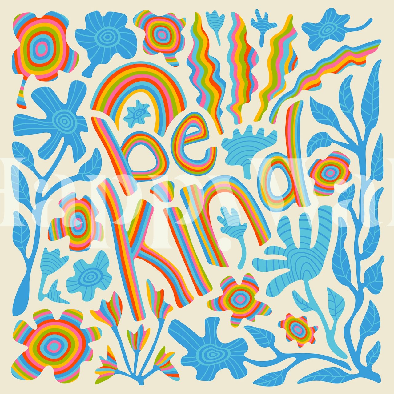 Be Kind wall mural with inspiring words and colorful floral designs