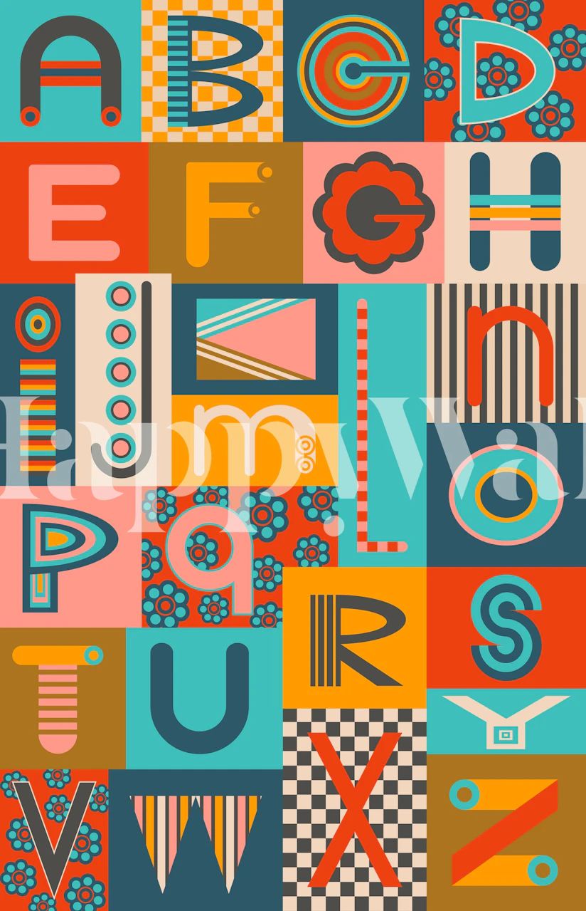 Colorful letters and patterns in geometric shapes wallpaper