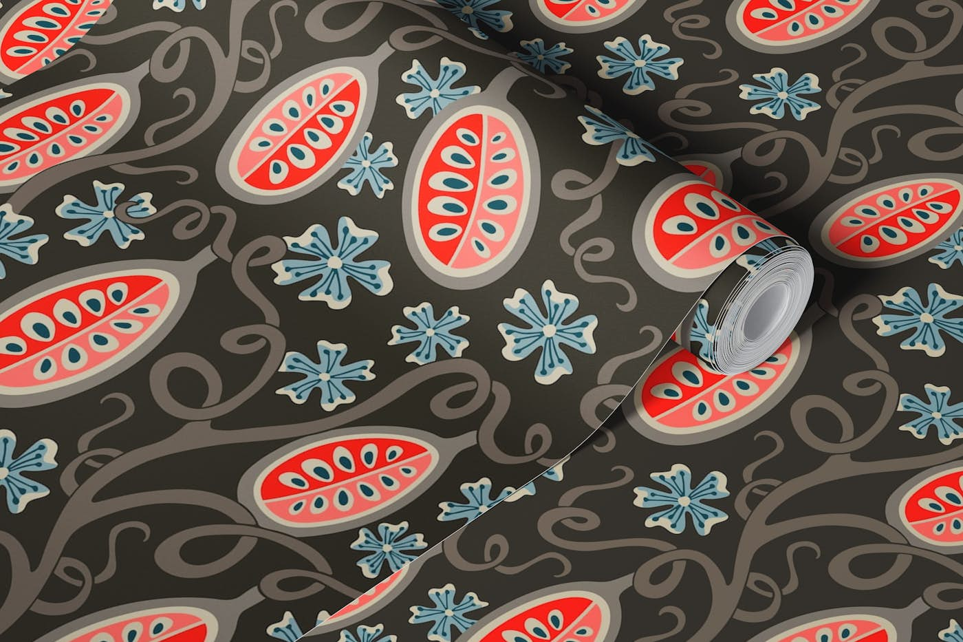 AMBROSIA Fantasy Mod Floral Fruit Coral Brown wallpaper roll