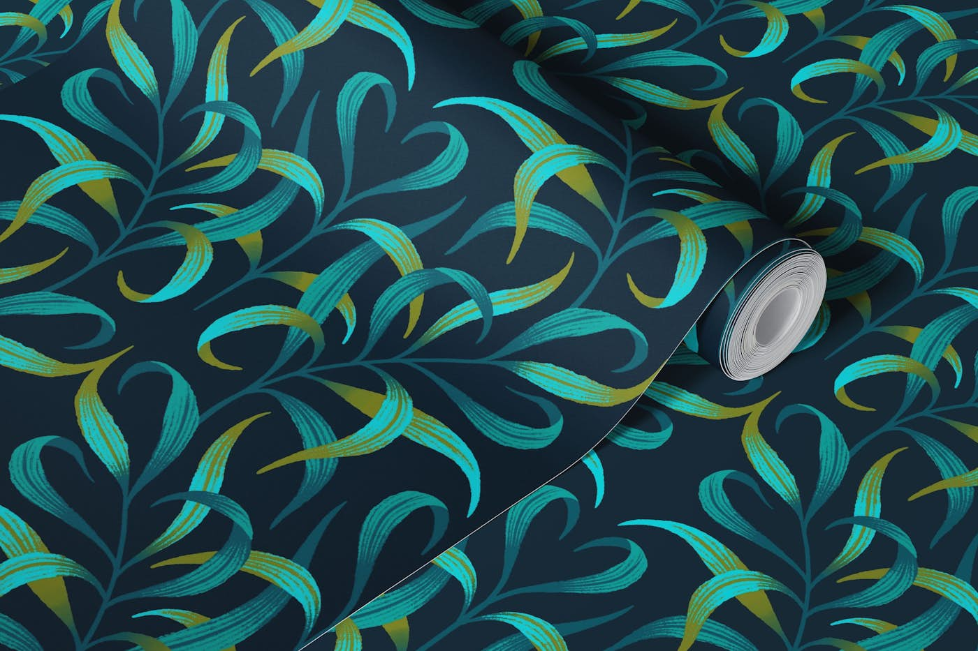 Curled Leaves - Emerald Green / Teal wallpaper roll