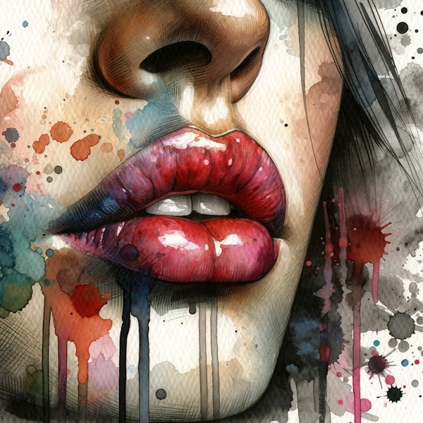 Scarlet Splash Lips Watercolor Portrait