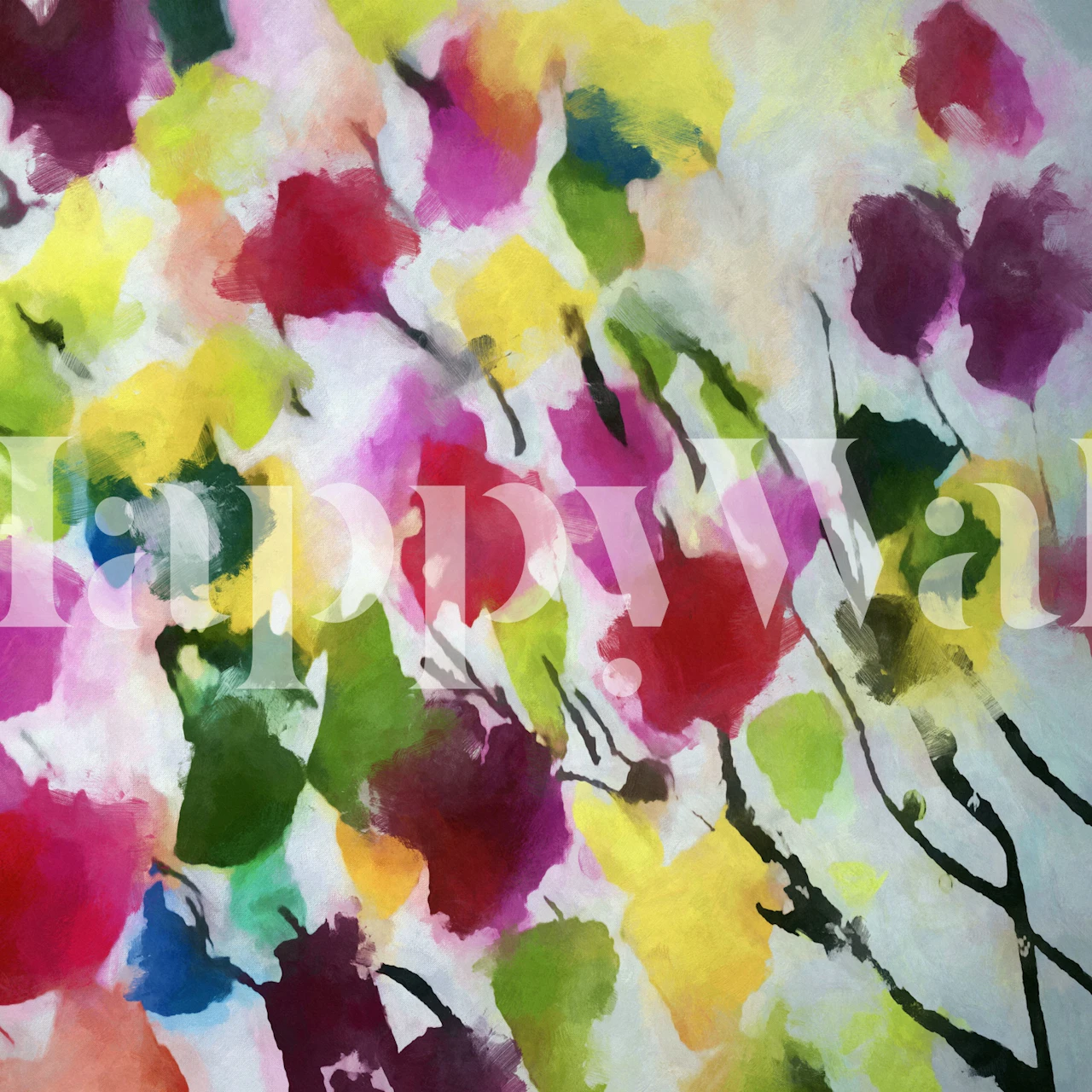 Färgglad blommig tapet i akvarellstil, med rosa, gula och gröna blommor