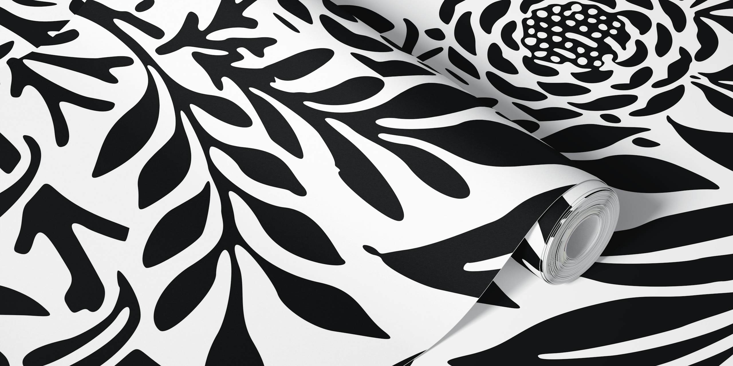 Black and white floral pattern wallpaper with vintage leaves and flowers