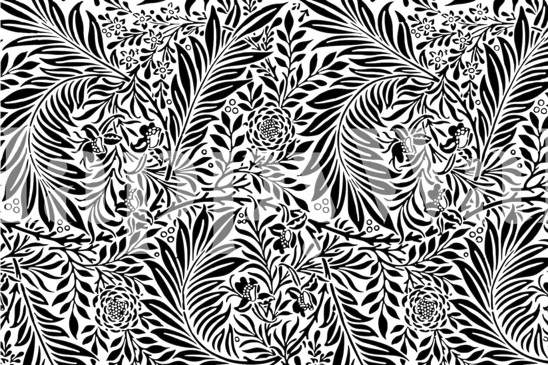 Black and white floral pattern wallpaper with vintage leaves and flowers