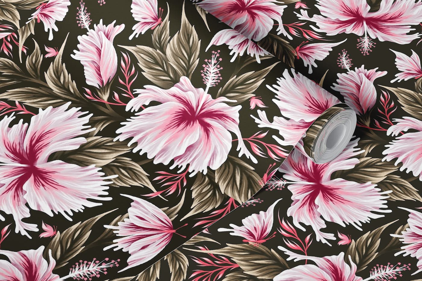 Hibiscus & Butterflies - Pink / Khaki wallpaper roll