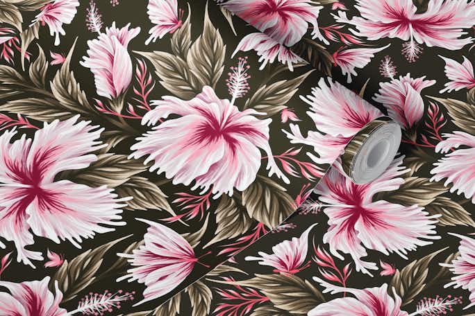 Hibiscus & Butterflies - Pink / Khakiwallpaper roll