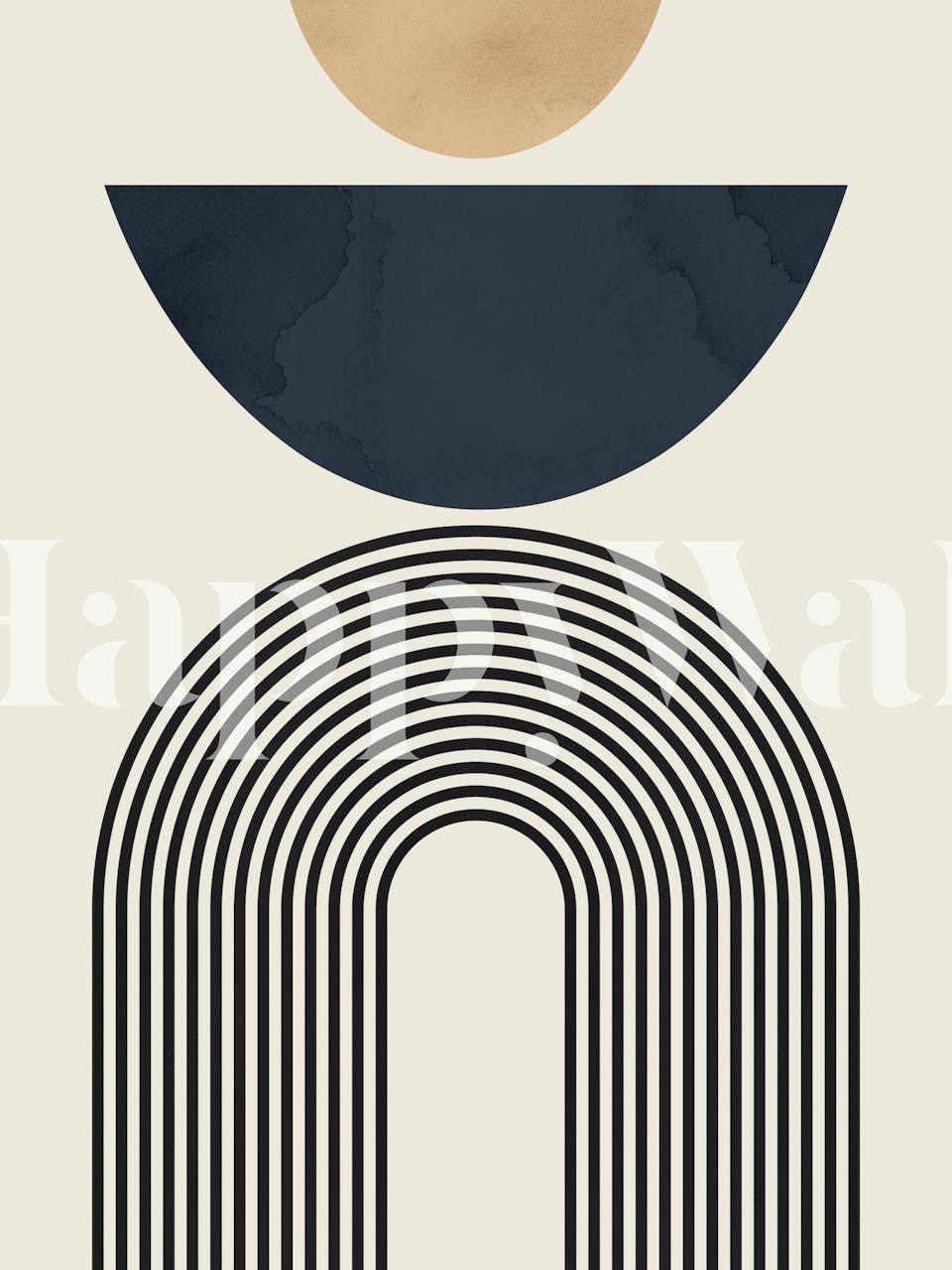 Geometric patterns of black lines and circles on cream wallpaper