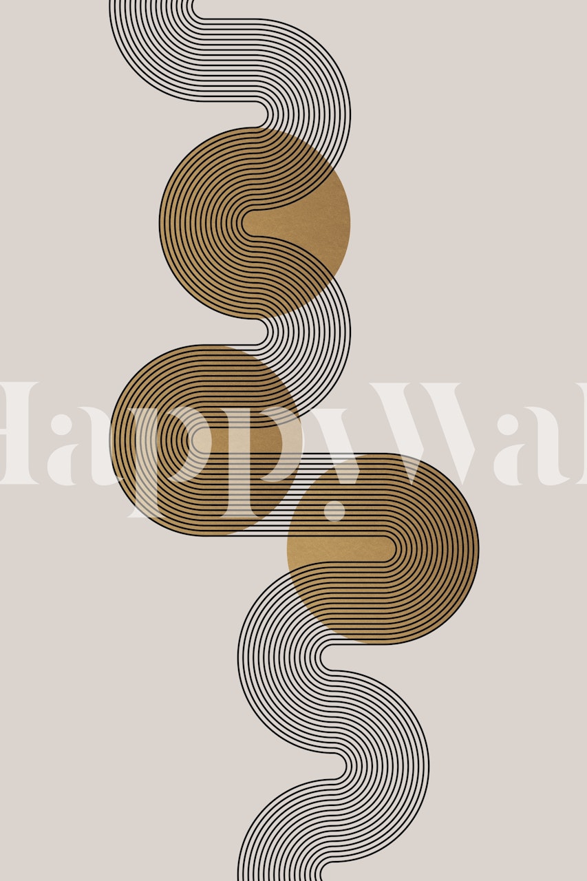 Mural de estilo Art Déco con ondas lineales intercaladas con círculos dorados