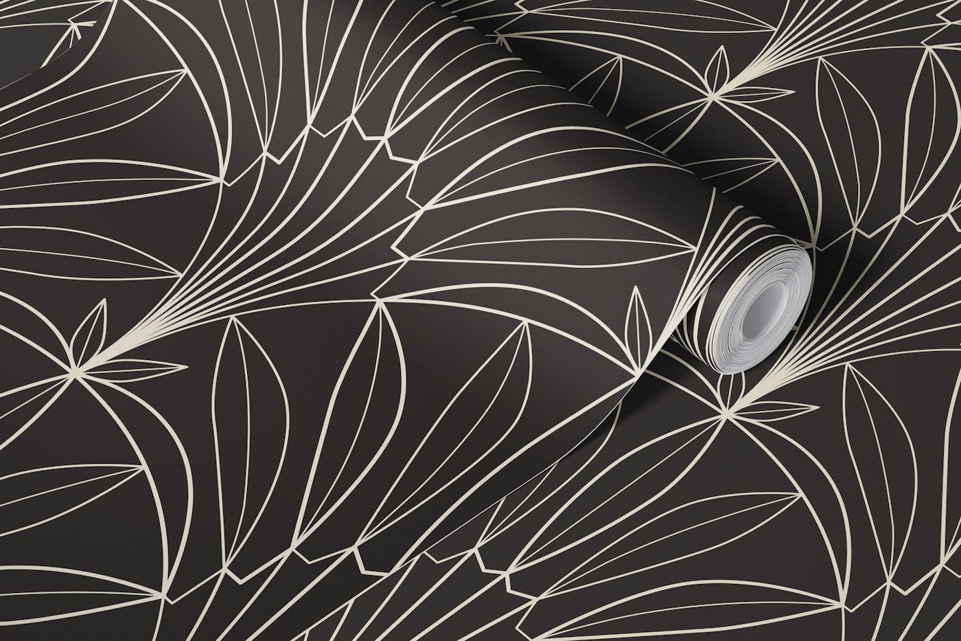 Outline Art Deco palm leaves fan black wallpaper roll