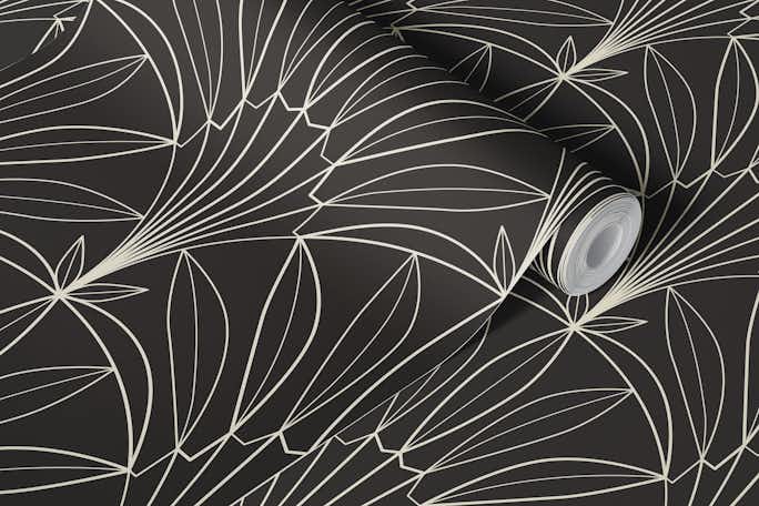 Outline Art Deco palm leaves fan blackwallpaper roll