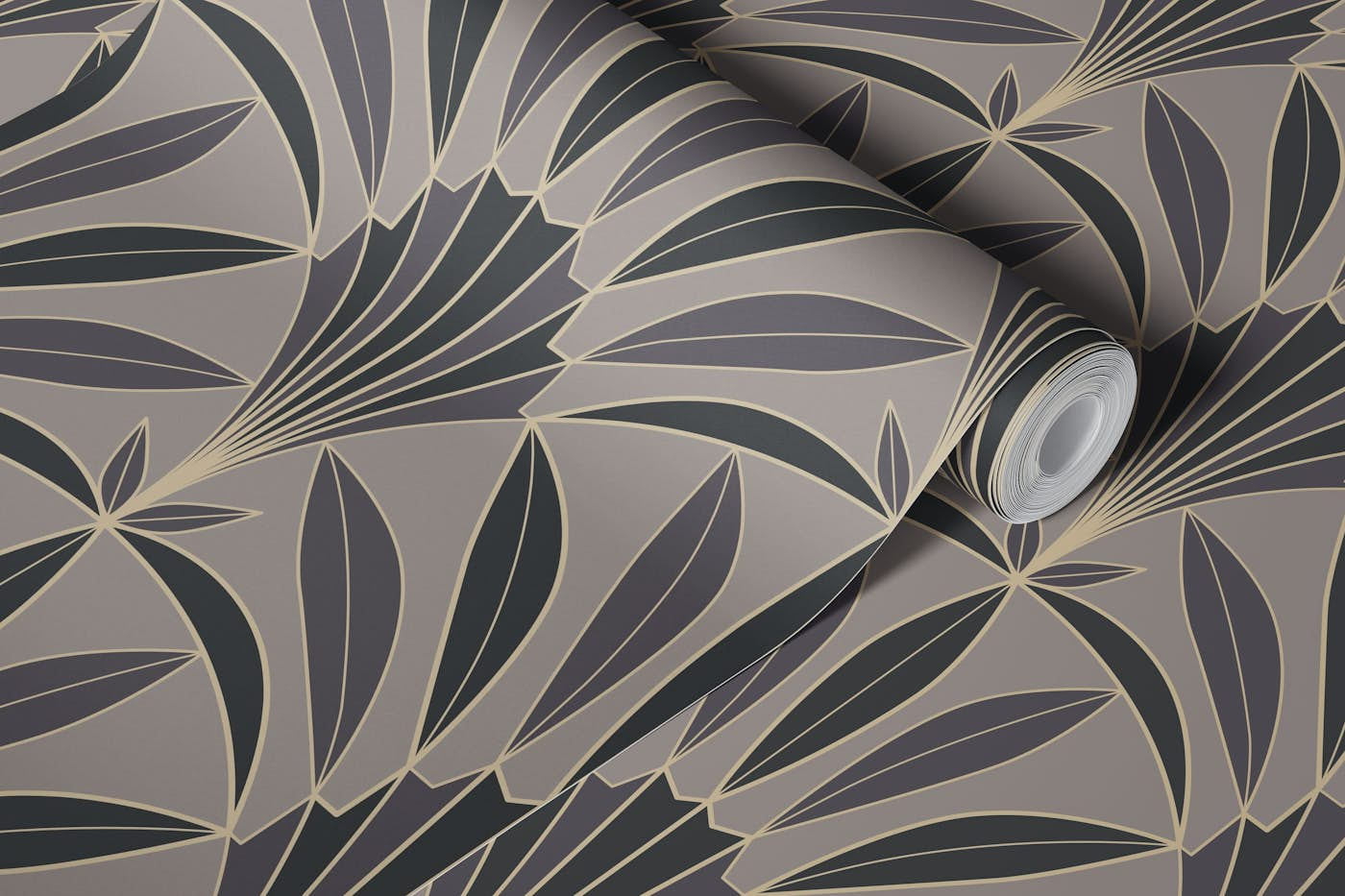 Art Deco palm leaves fan taupe anthracite wallpaper roll