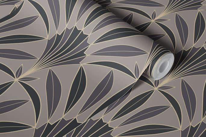 Art Deco palm leaves fan taupe anthracitewallpaper roll