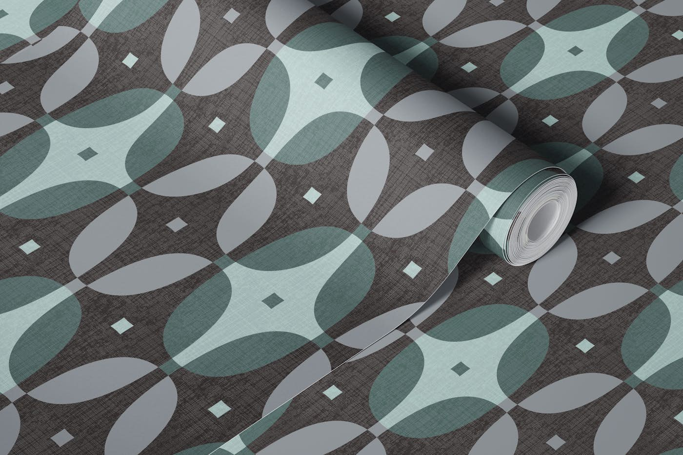 Retro oval geometric black grey green wallpaper roll