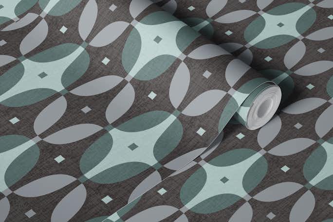 Retro oval geometric black grey greenwallpaper roll