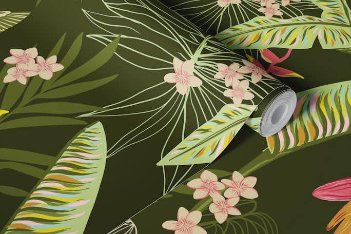 Banana leaves and hummingbirds jungle greenwallpaper roll