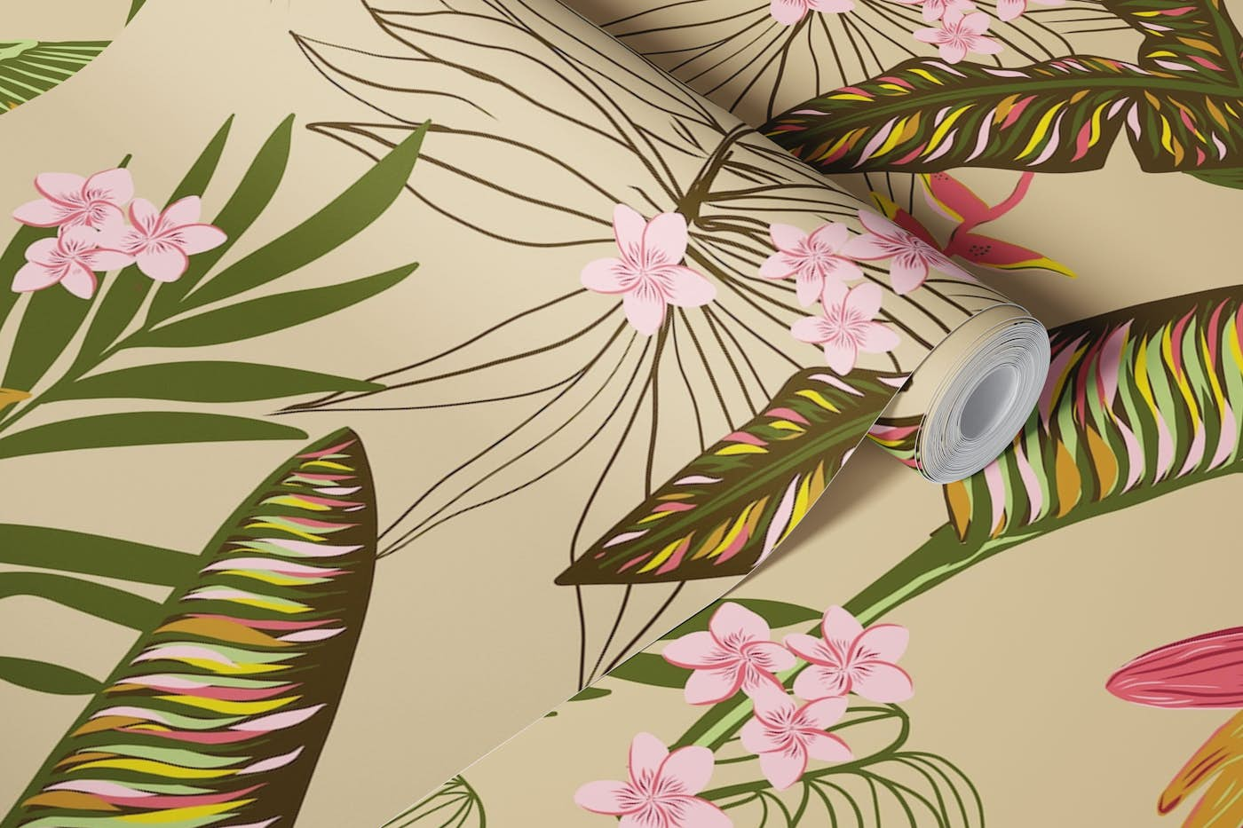 Banana leaves and hummingbirds warm beige wallpaper roll