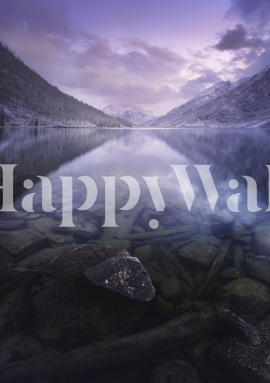 Mountain lake landscape with purple hues and reflections wallpaper