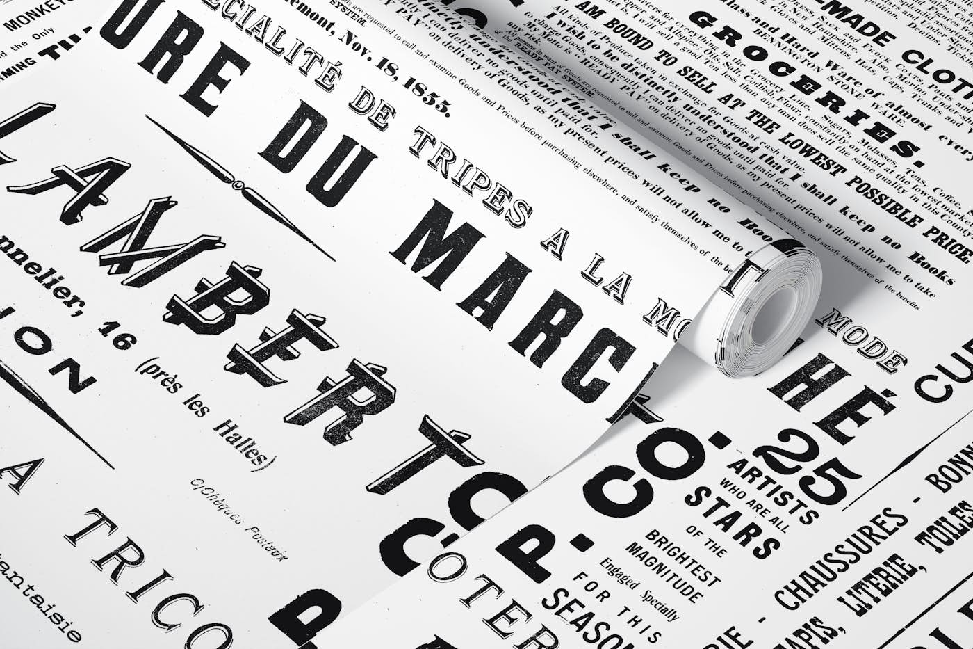 Old Print And News Typography Black White wallpaper roll