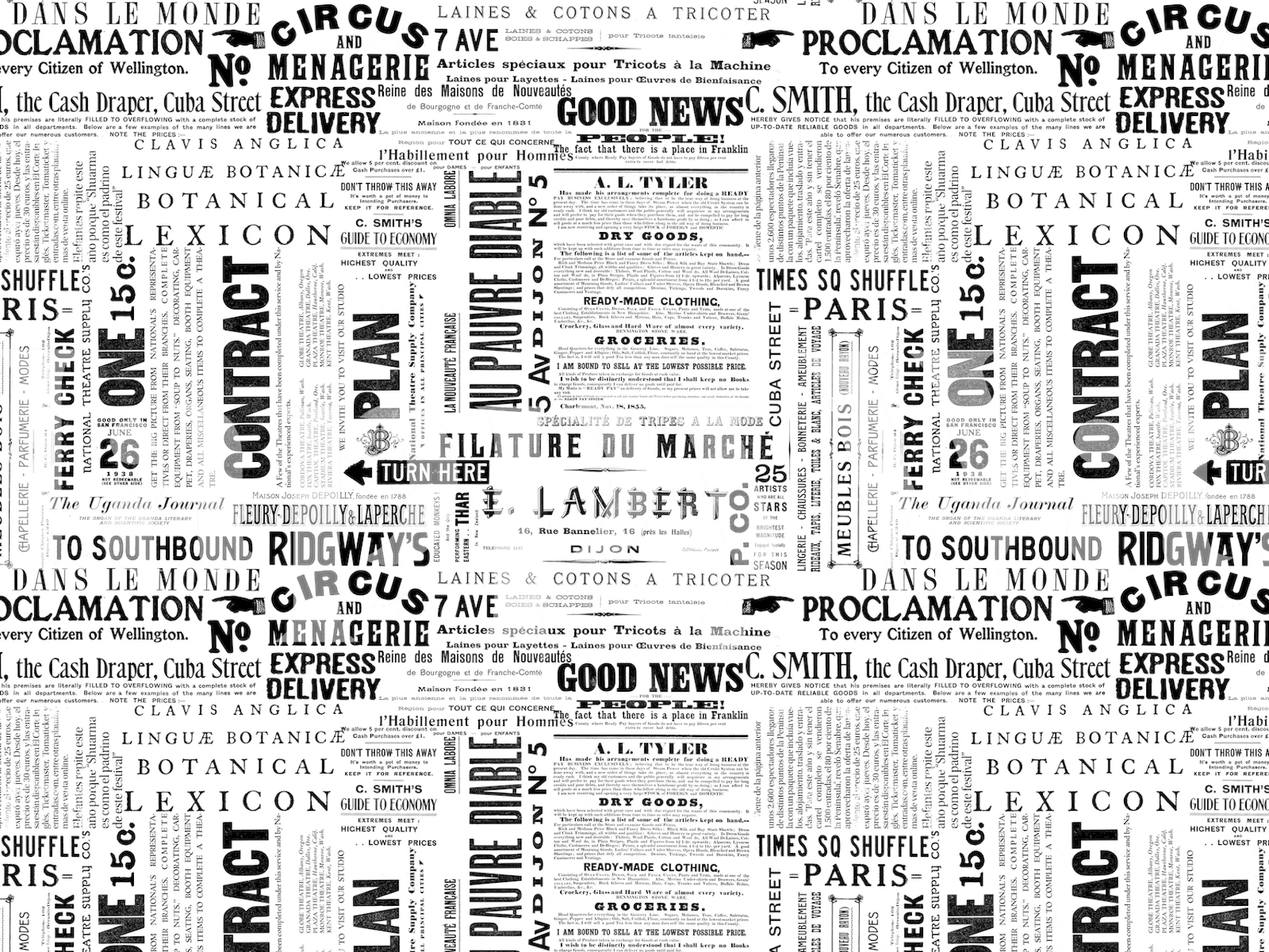 Vintage sanomalehtileikkeet seinämaalaus mustavalkoisessa värimaailmassa