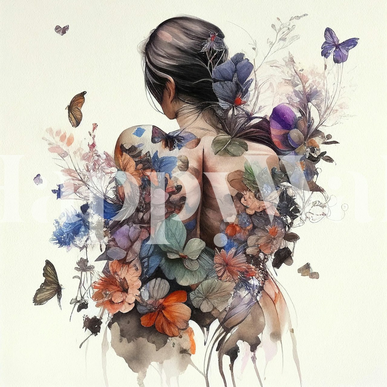 Watercolor butterfly woman body design with flowers and butterflies wallpaper