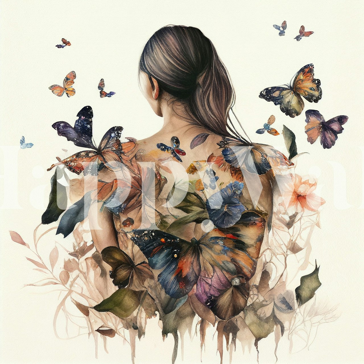 Watercolor painting of a woman's back adorned with butterflies and flowers wall mural