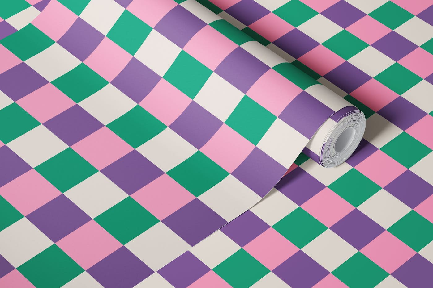 Retro Checkerboard in Pink Purple and Green wallpaper roll