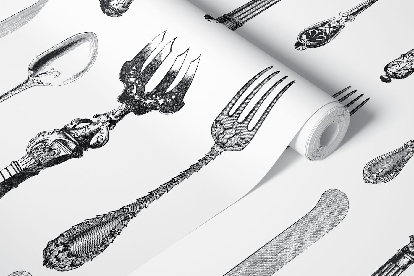 Elegant Historic Silverware Black White wallpaper roll