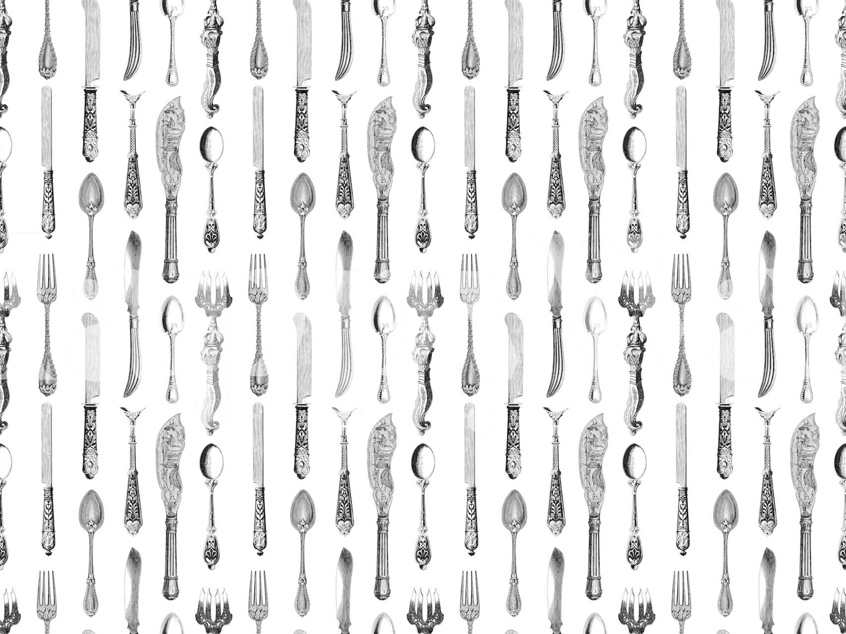 Black and white silverware pattern wallpaper featuring forks, spoons, and knives