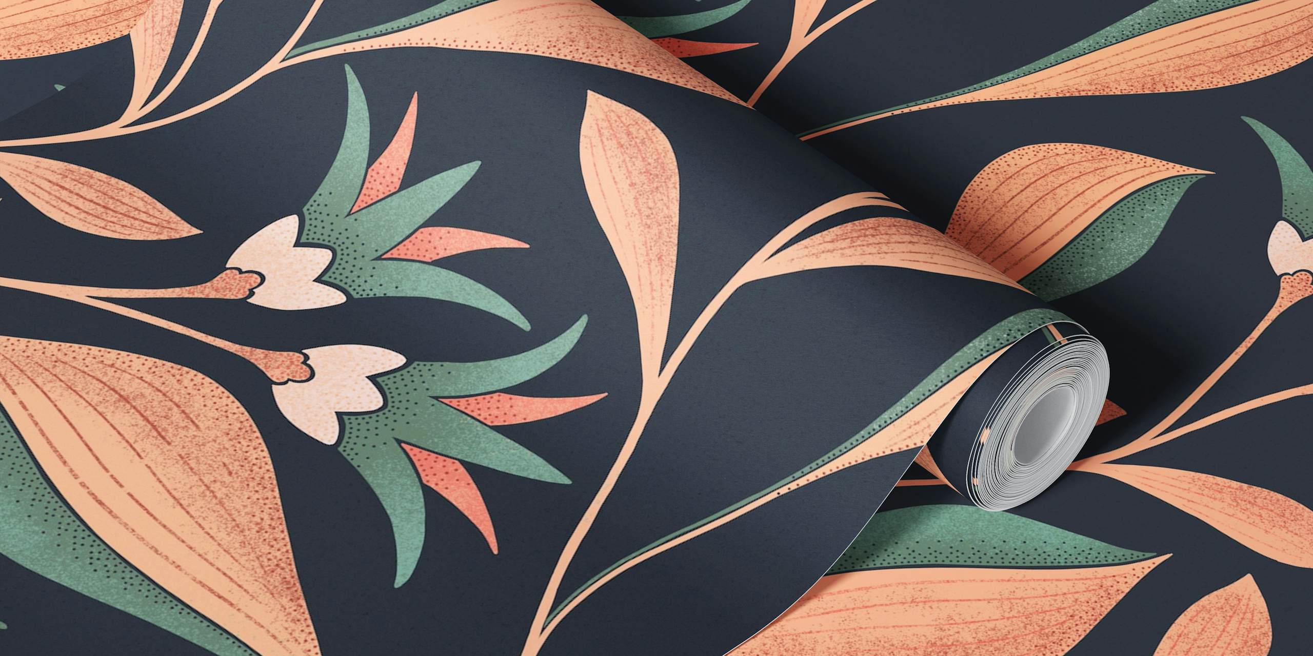 Blumenmuster mit pfirsichfarbenen und grünen Blättern auf dunklem Hintergrund Wallpaper