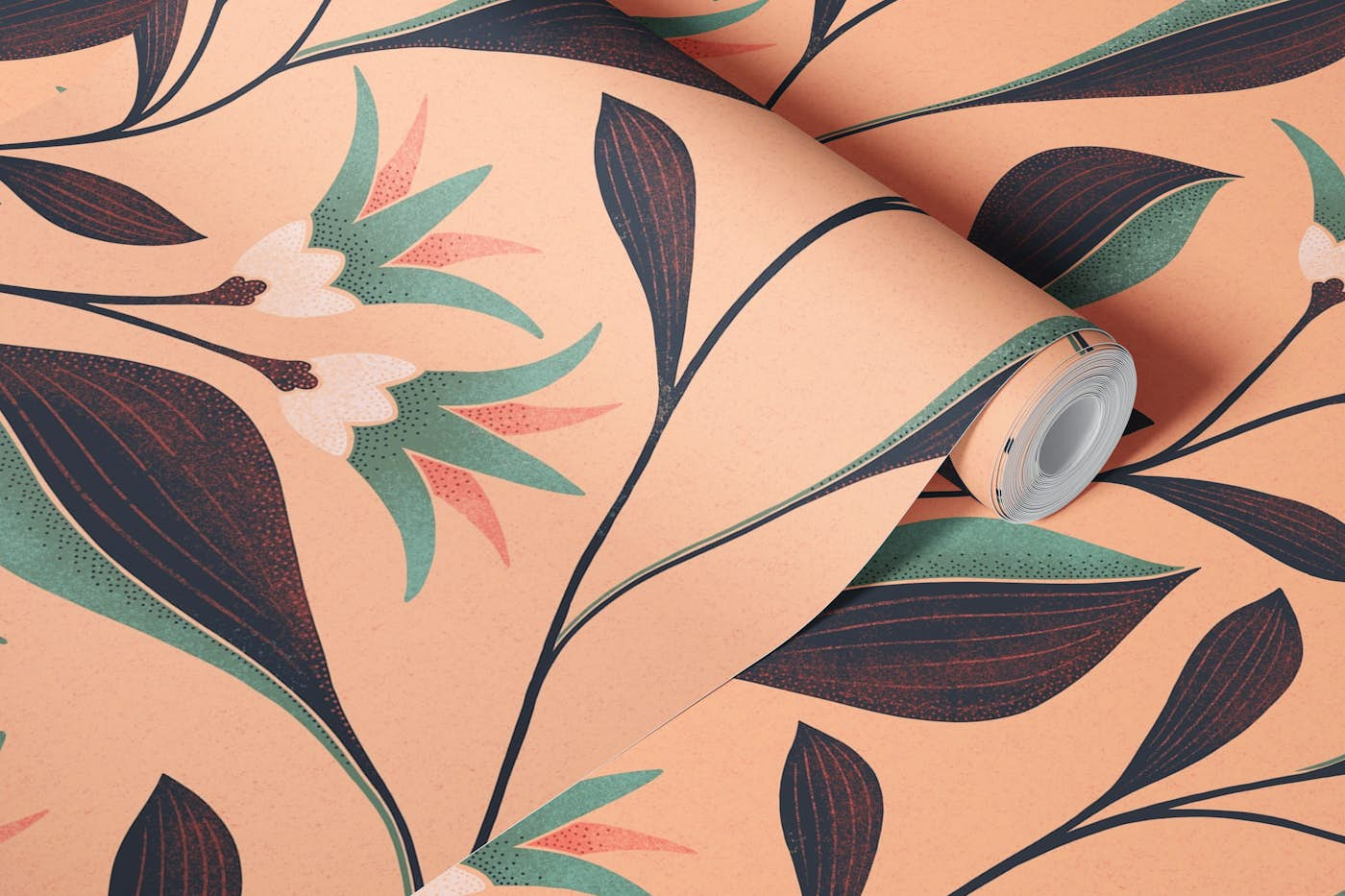 Pantone Peach Fuzz airy flowers midnightblue wallpaper roll