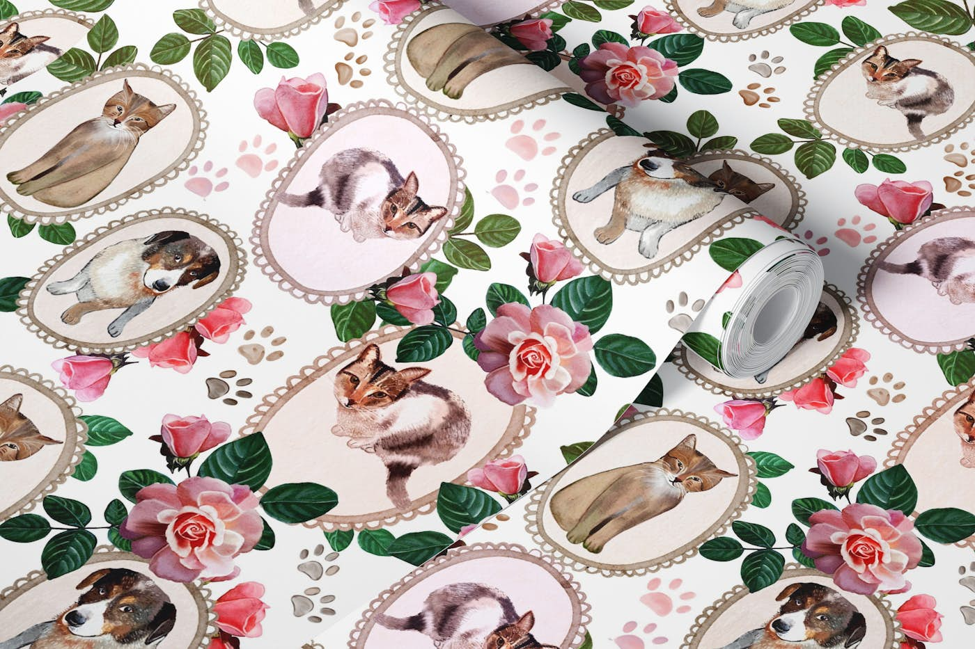 Cats dogs with watercolor roses pattern wallpaper roll